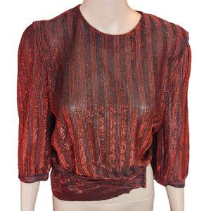 Vintage 80s Frejani Sheer Metallic Striped Size 8 Disco Space Age Blouse w Bisho